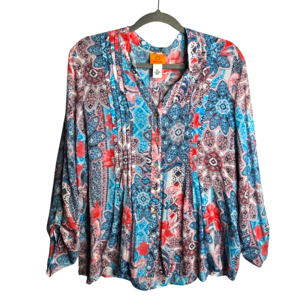 Ruby Rd. Boho Hippie Button Up Blouse Pintuck Pleats Lightweight Top Size XL